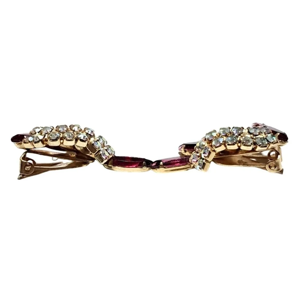 Vintage Pink Rhinestone Earrings with Aurora Borealis Ear Climbers Gold Tone Cli